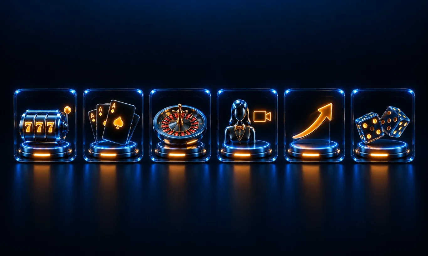 Holographic icons for online casino games: slots, cards, roulette, live dealer, trends, and dice.