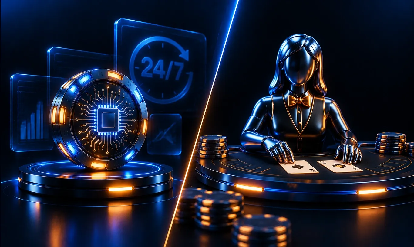 AI chip and stylized dealer at a futuristic blackjack table with 24/7 service.