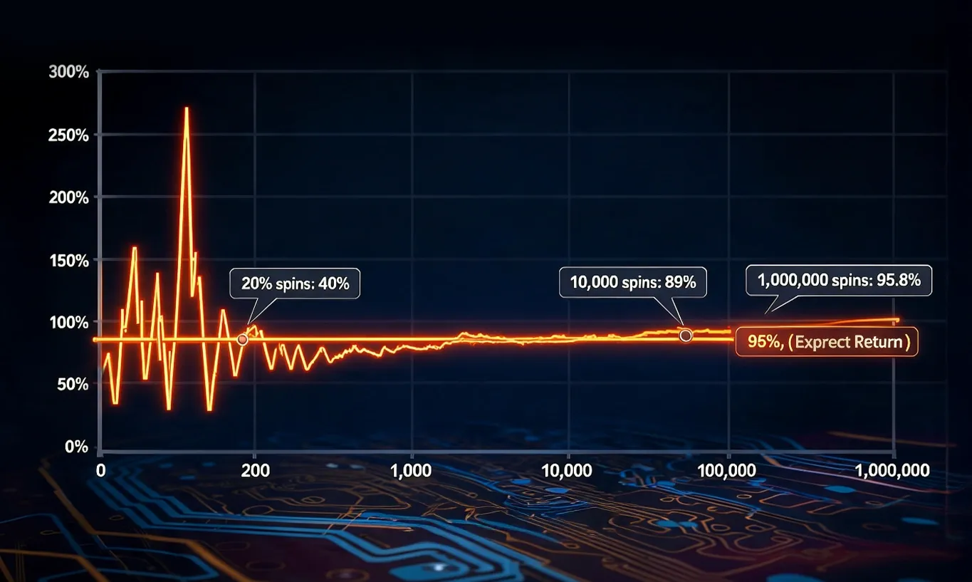 Line graph showing game returns converging to 96% expected return over 1,000,000 spins.