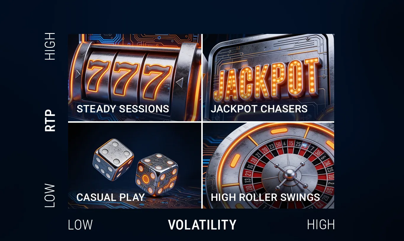 Matrix categorizing casino game styles by RTP and volatility, featuring slots, dice, and roulette.