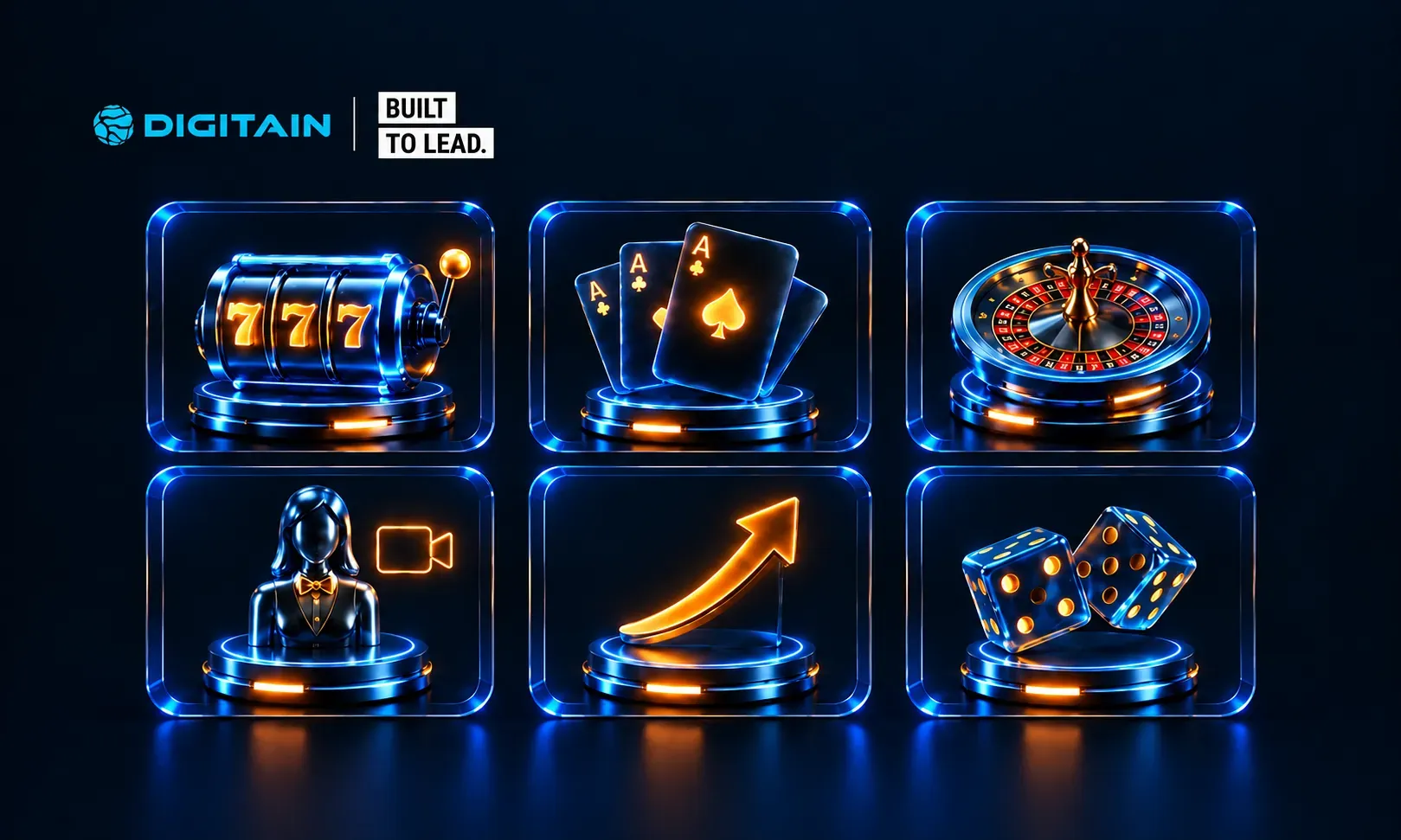 Six glowing blue holographic icons illustrate various gambling and business analytics concepts.