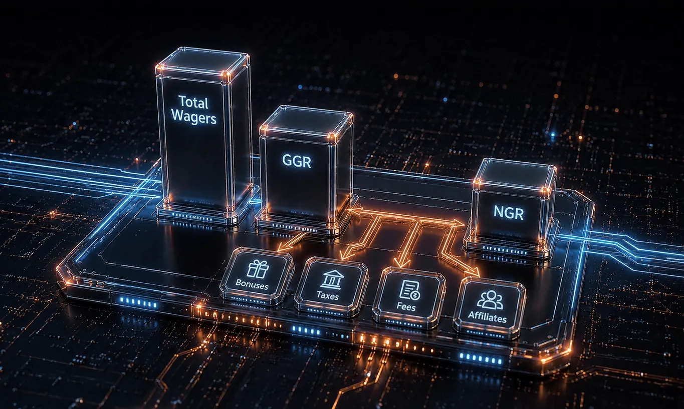 Glowing bar charts for Total Wagers, GGR, NGR on a futuristic digital device.