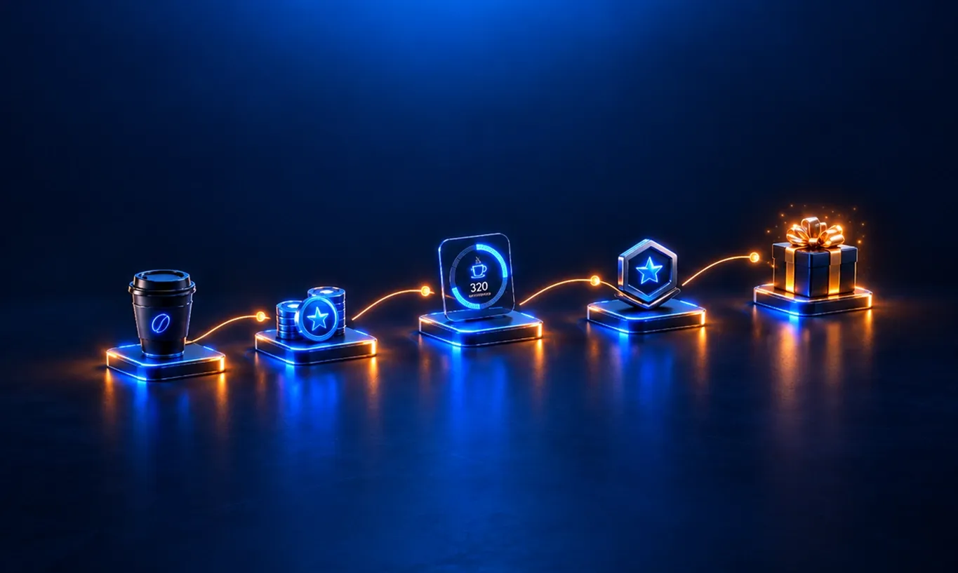 Series of glowing blue icons showing progression towards a shimmering gift box.