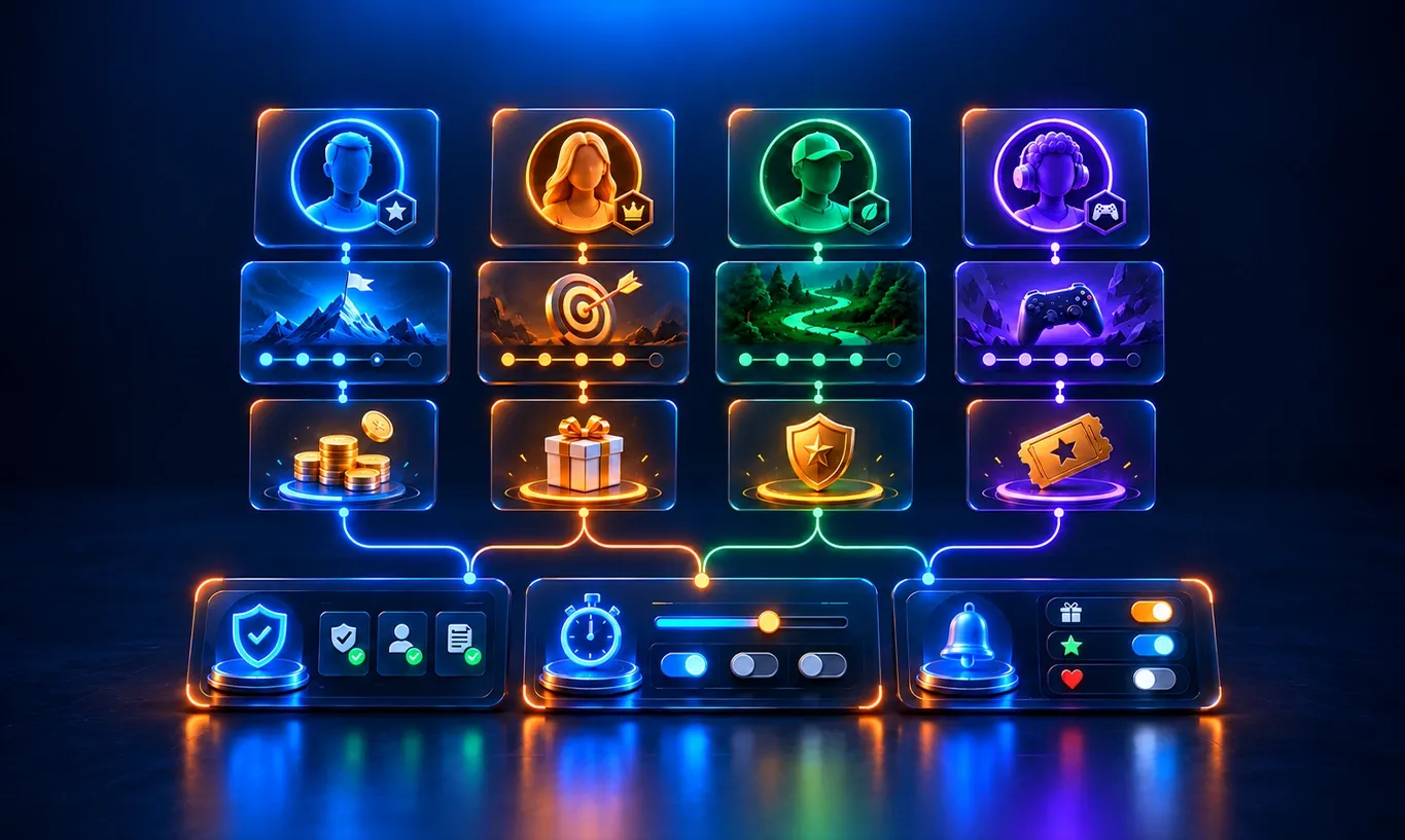 Glowing neon user interface elements for gaming, including profiles, achievements, and settings.