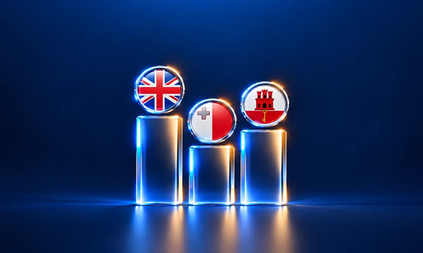 三根发光的条形图柱子显示了英国、马耳他和直布罗陀的旗帜。