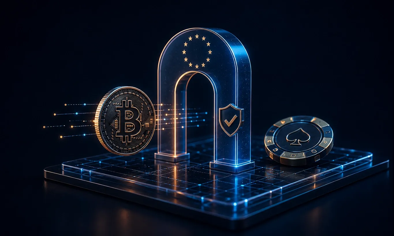 Glowing digital arch links Bitcoin and poker chip on a futuristic platform, suggesting secure transactions.