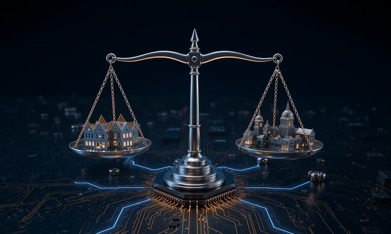 Digital scales balancing a house and a large institution on a glowing circuit board.