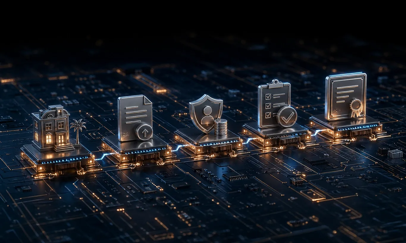 Five illuminated digital icons on a circuit board represent data, security, and certification processes.