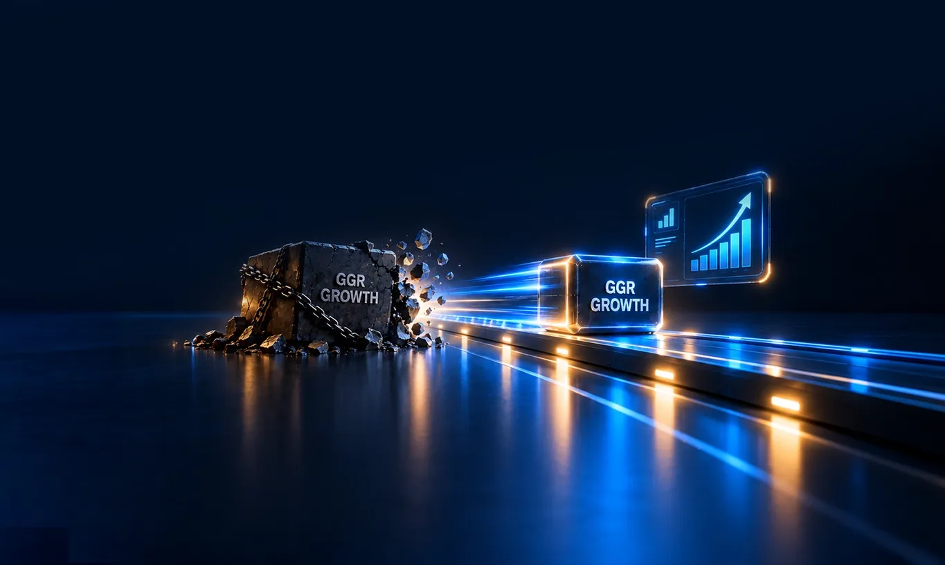 CDA GROWTH logo breaking apart, transforming into a glowing cube, with a rising bar graph.