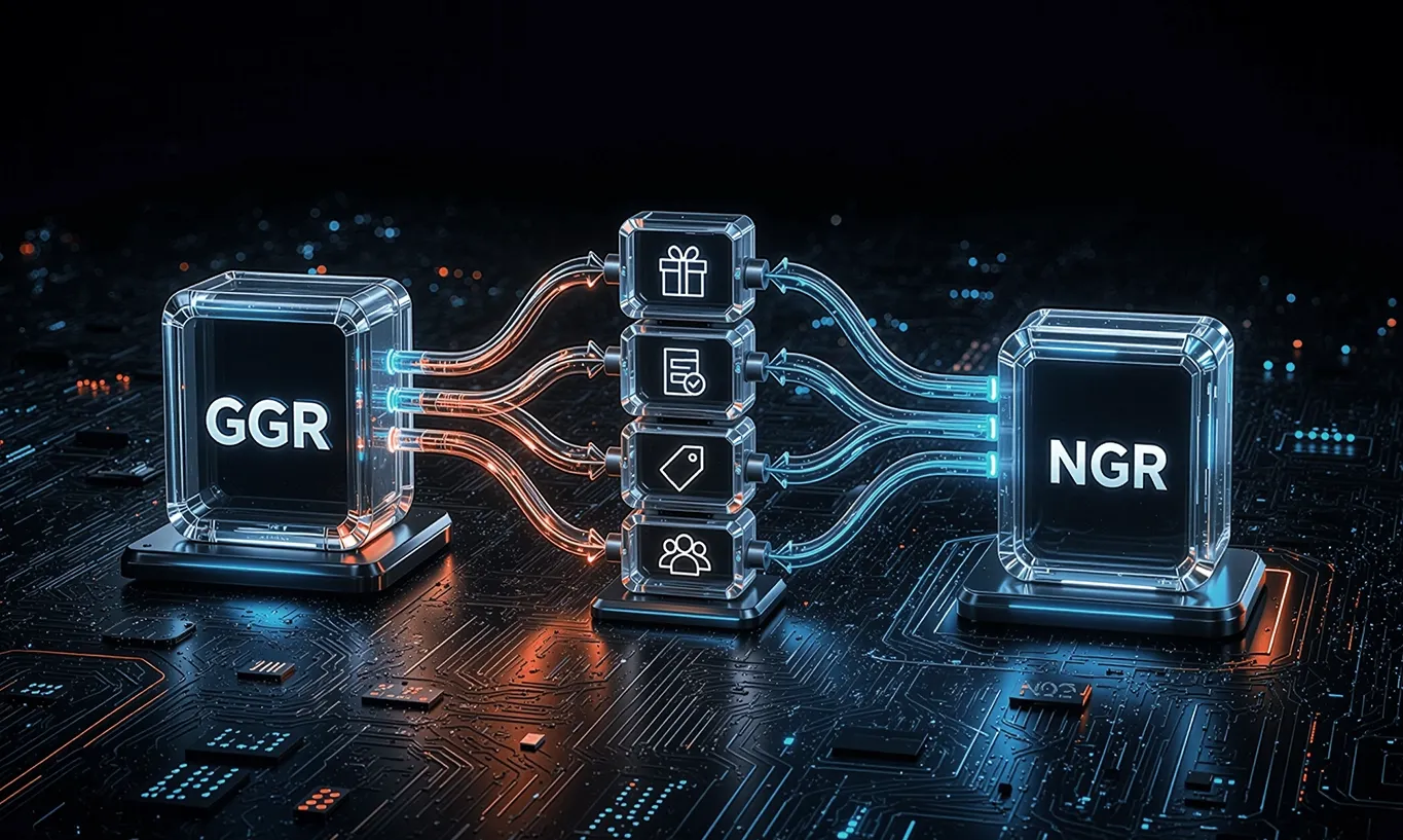 Digital graphic showing GGR and NGR blocks connected by data streams and transaction icons.