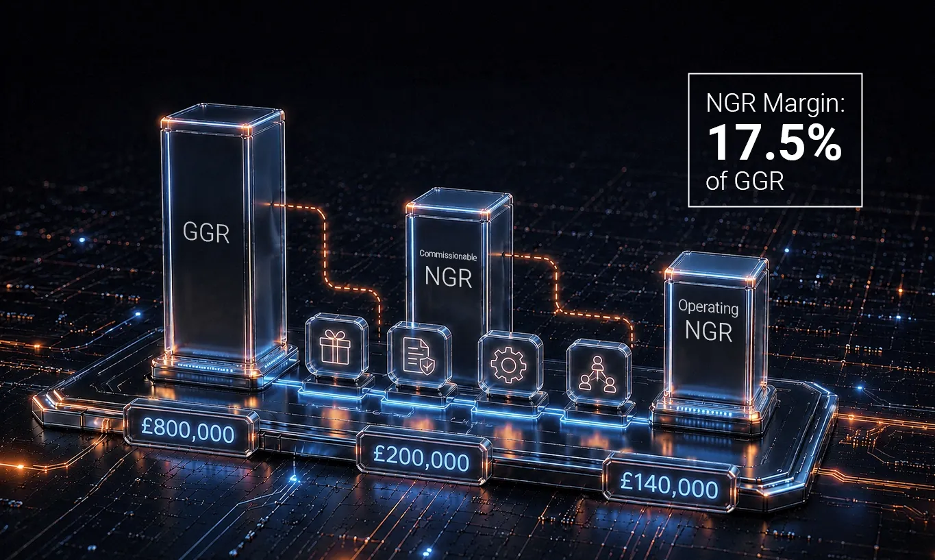 3D bar chart illustrating GGR, NGR, and Spending NGR with corresponding financial figures.