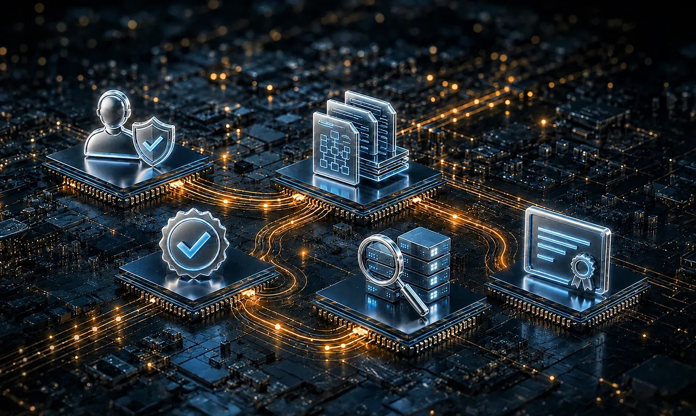 Digital network connecting user, security, data, and license icons on a glowing circuit board.