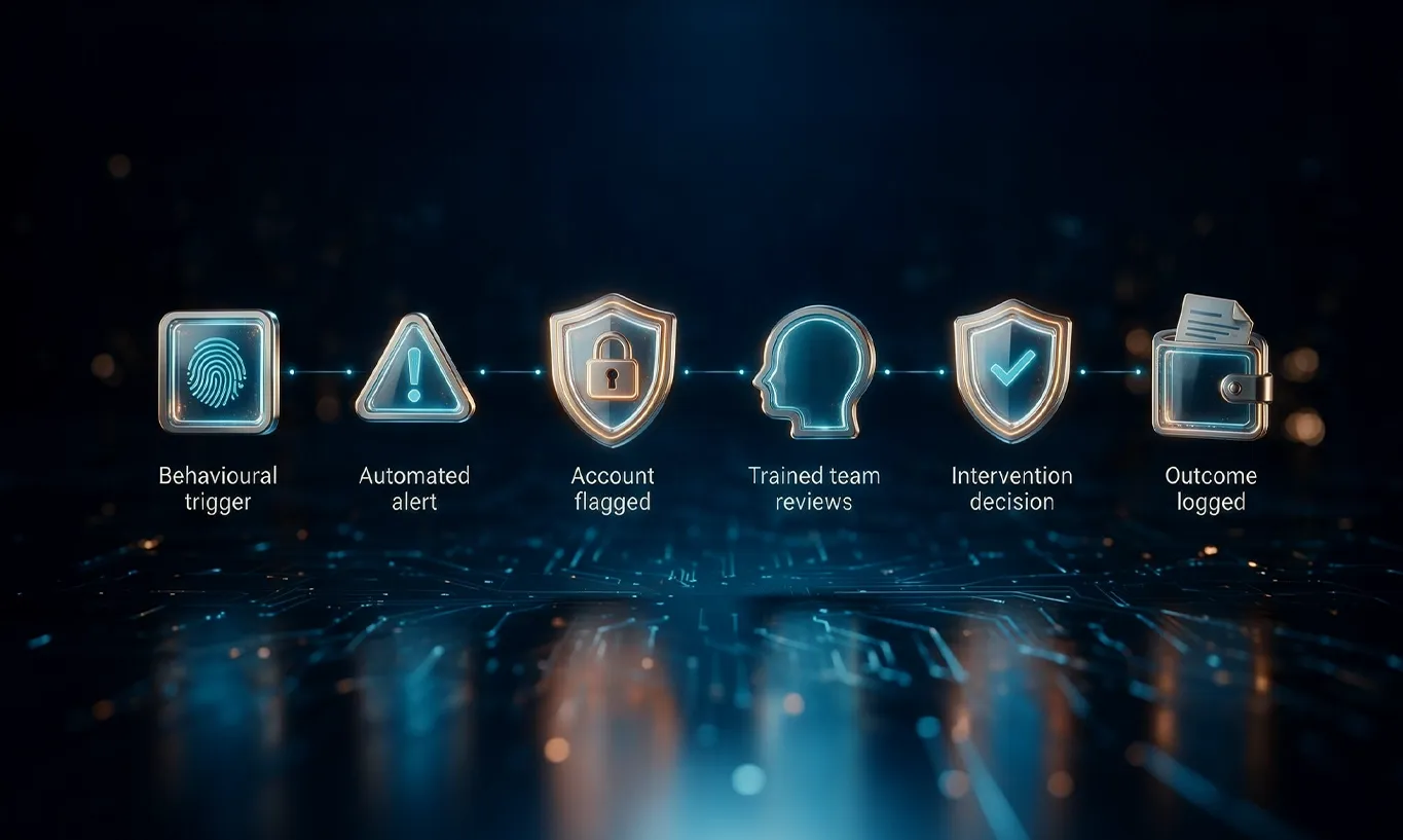 Six-step process diagram with icons showing trigger, alert, flag, review, decision, and outcome.