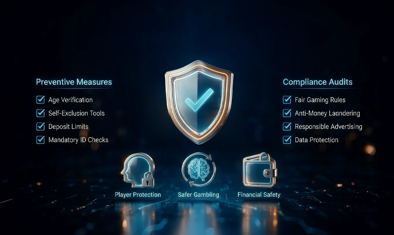 A shield icon between lists of preventive measures and compliance audits for online safety.