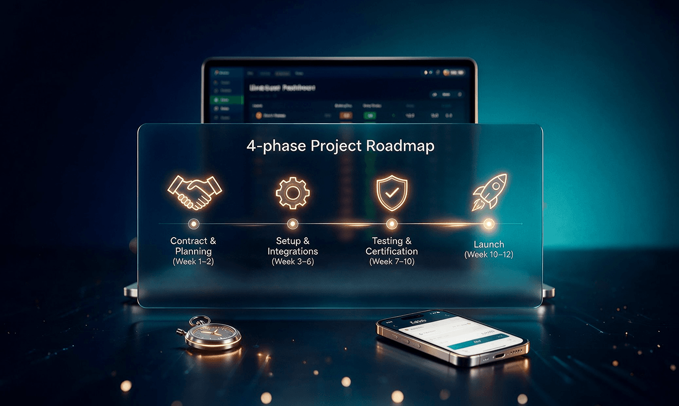 Digital display illustrating a 4-phase project roadmap: contract, setup, testing, and launch.