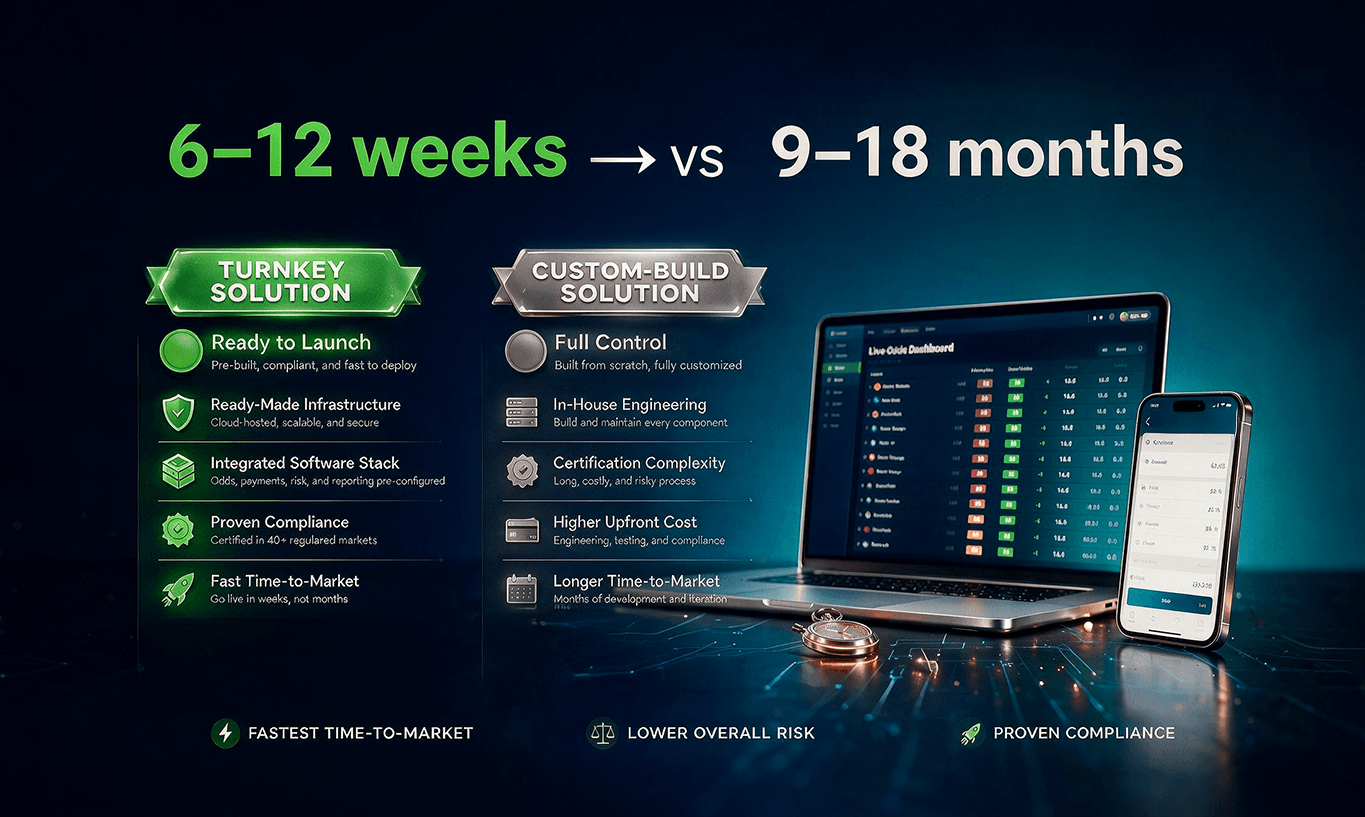 Diagram comparing 6-12 weeks for a turnkey solution versus 9-18 months for a custom build.