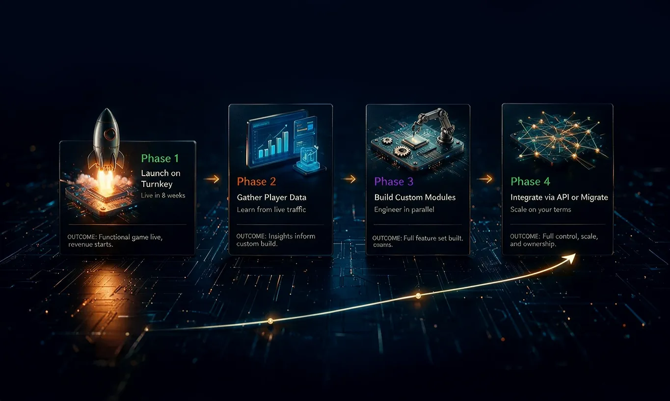 A four-phase digital roadmap detailing launch, custom build, operation, and integration or migration.