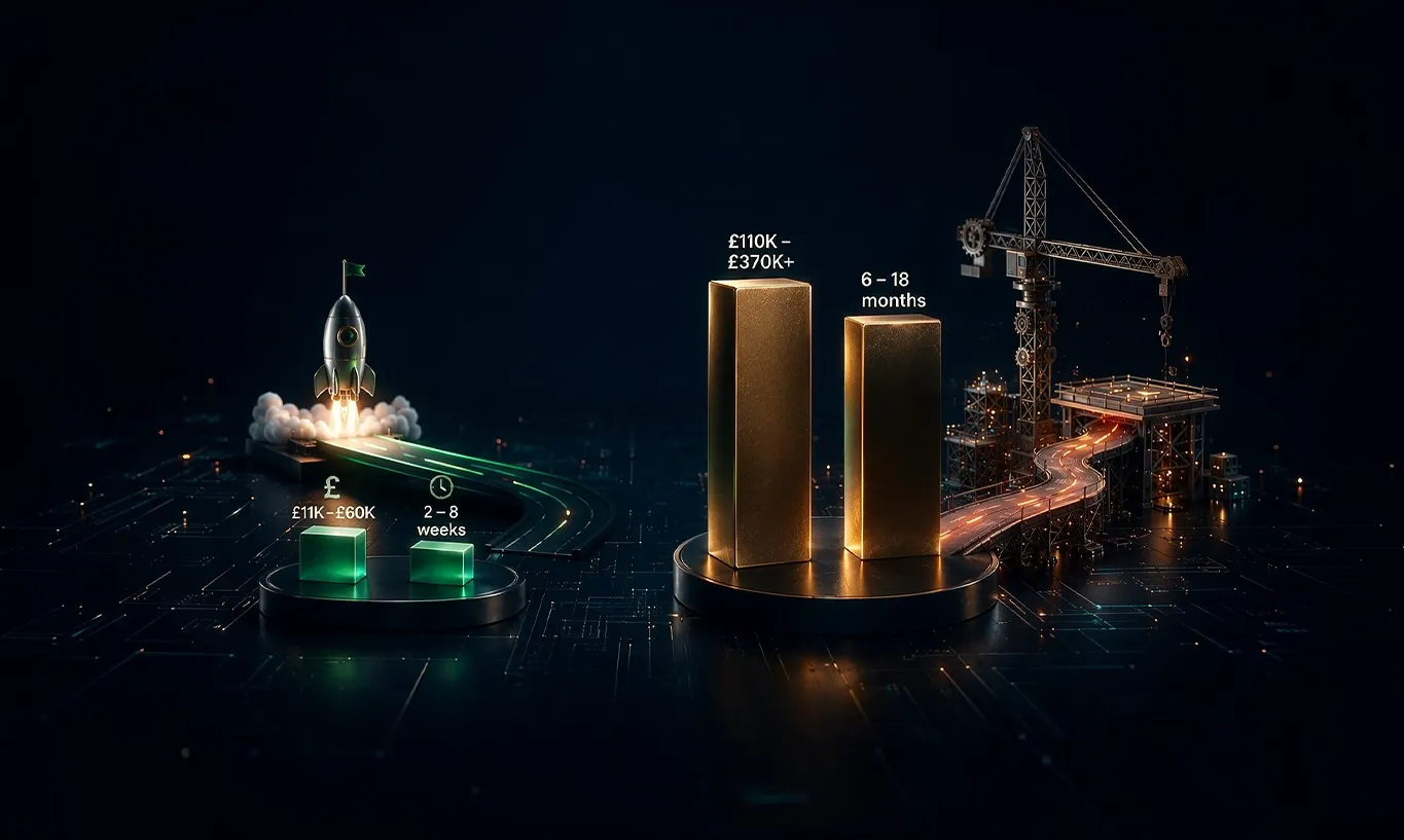 Digital visualization contrasting rapid-launch solutions with comprehensive custom construction and growth.
