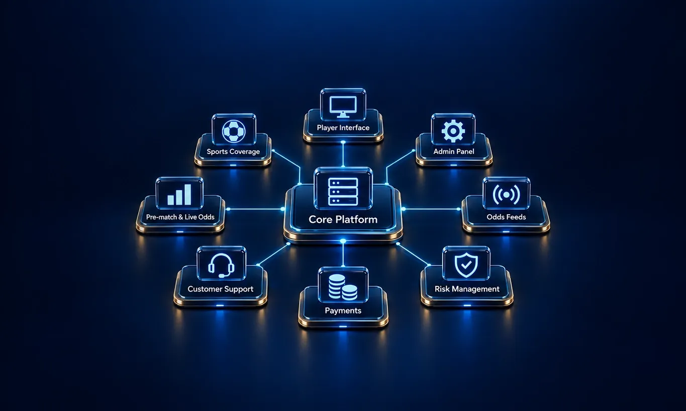 Digital diagram of a Core Platform connected to eight interconnected service modules.
