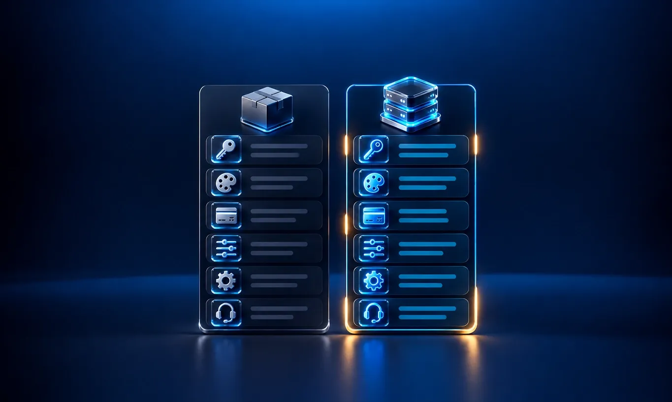 Two glowing digital panels display abstract icons and text lines, comparing features or service options.